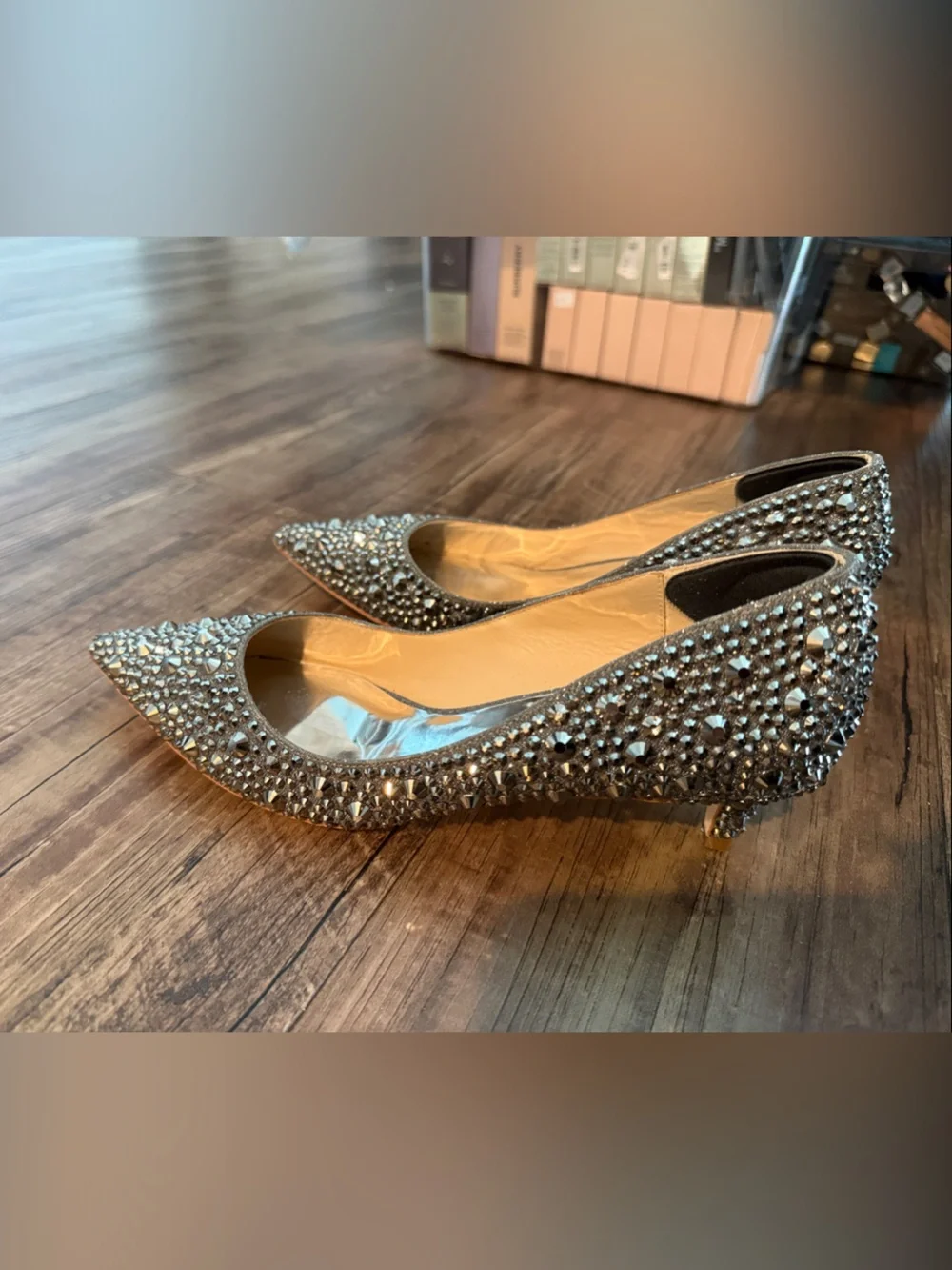 BADGLEY MISCHIKA Silver Crystal Pointed Toe heels